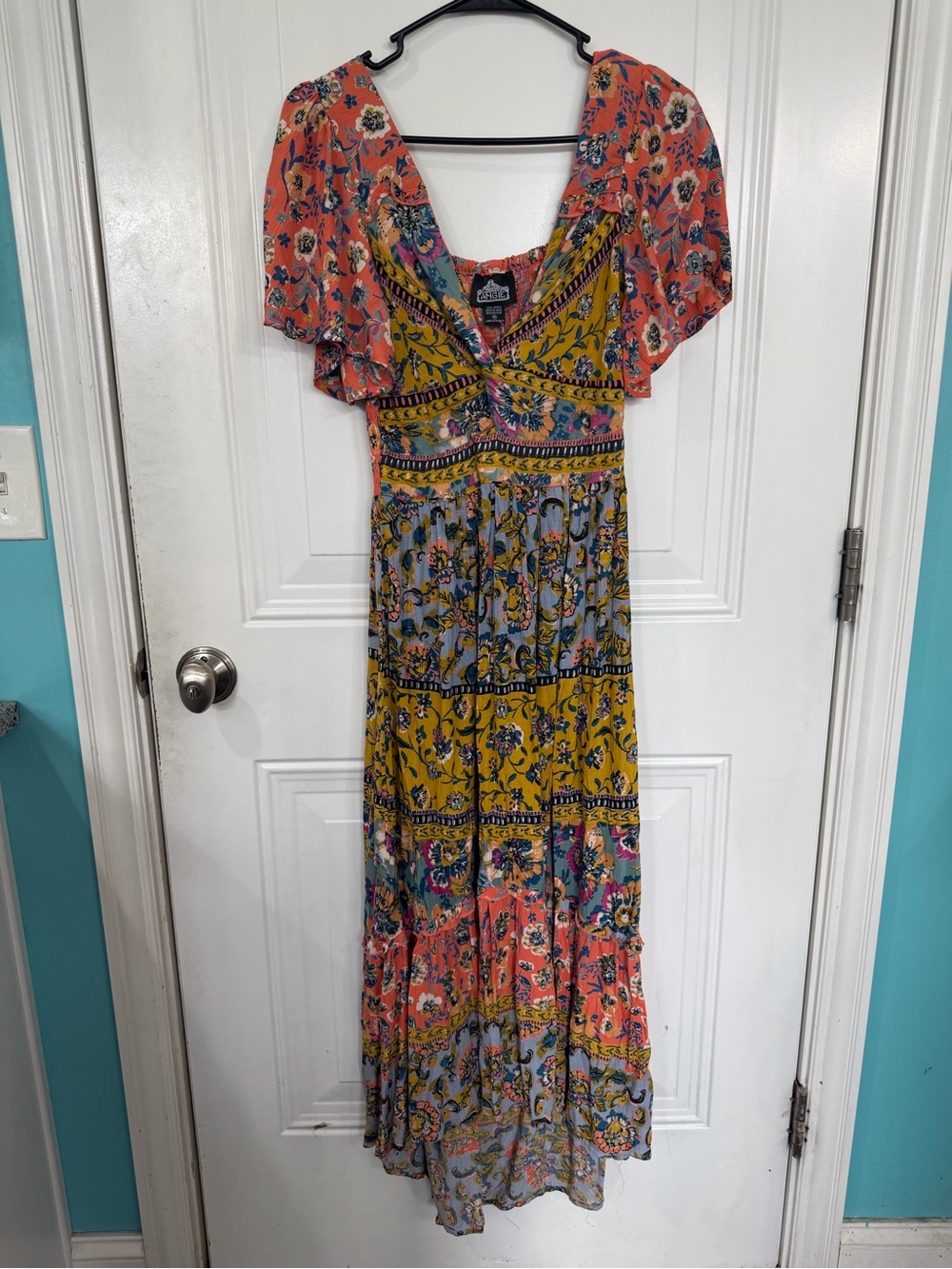 Angie Coral, Mustard & Light Blue Floral Tiered Maxi Dress